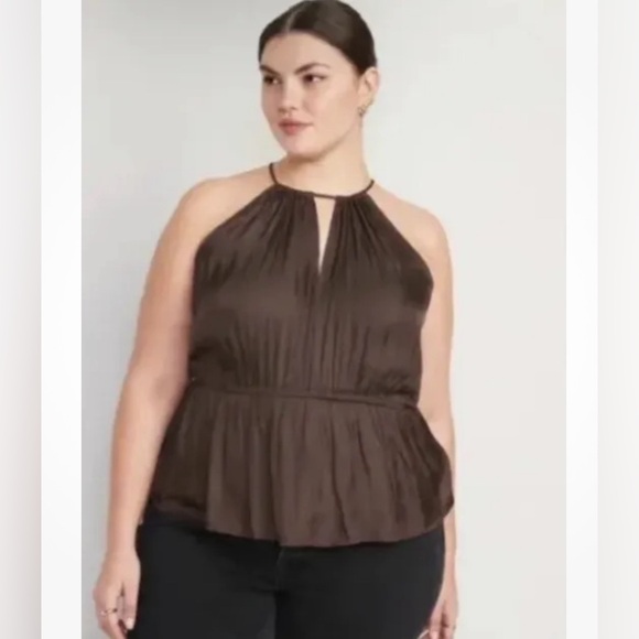 Tops - NWT Old Navy Satin Halter Top Peplum Waist Defining Brown Blouse Size XS